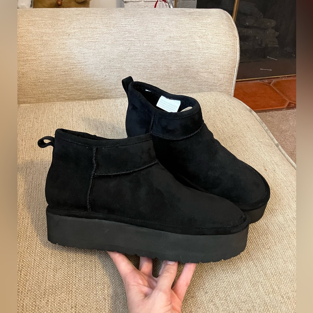 Black fur lined platform ankle boots